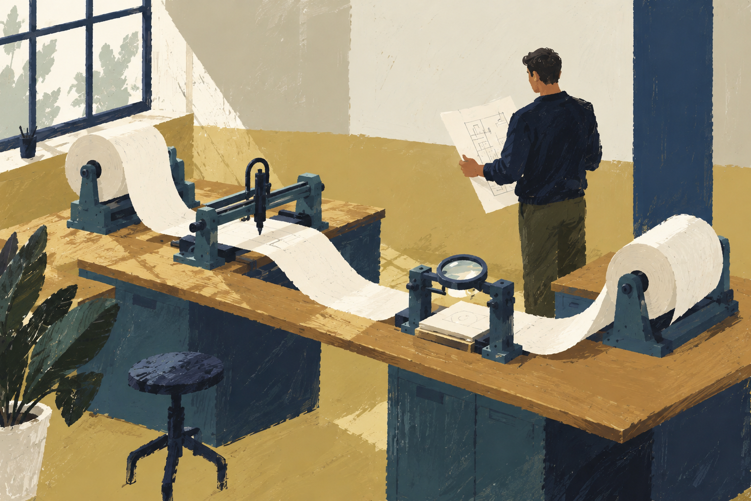 An automated workshop draws and inspects a paper plan while a person oversees the process.