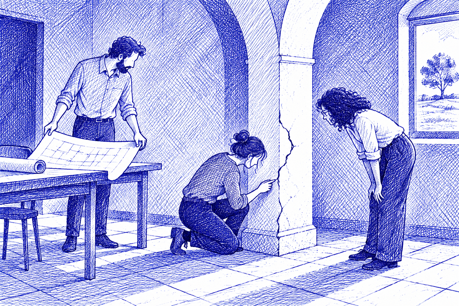 Blue-ink drawing of three colleagues inspecting a crack in a structural arch.